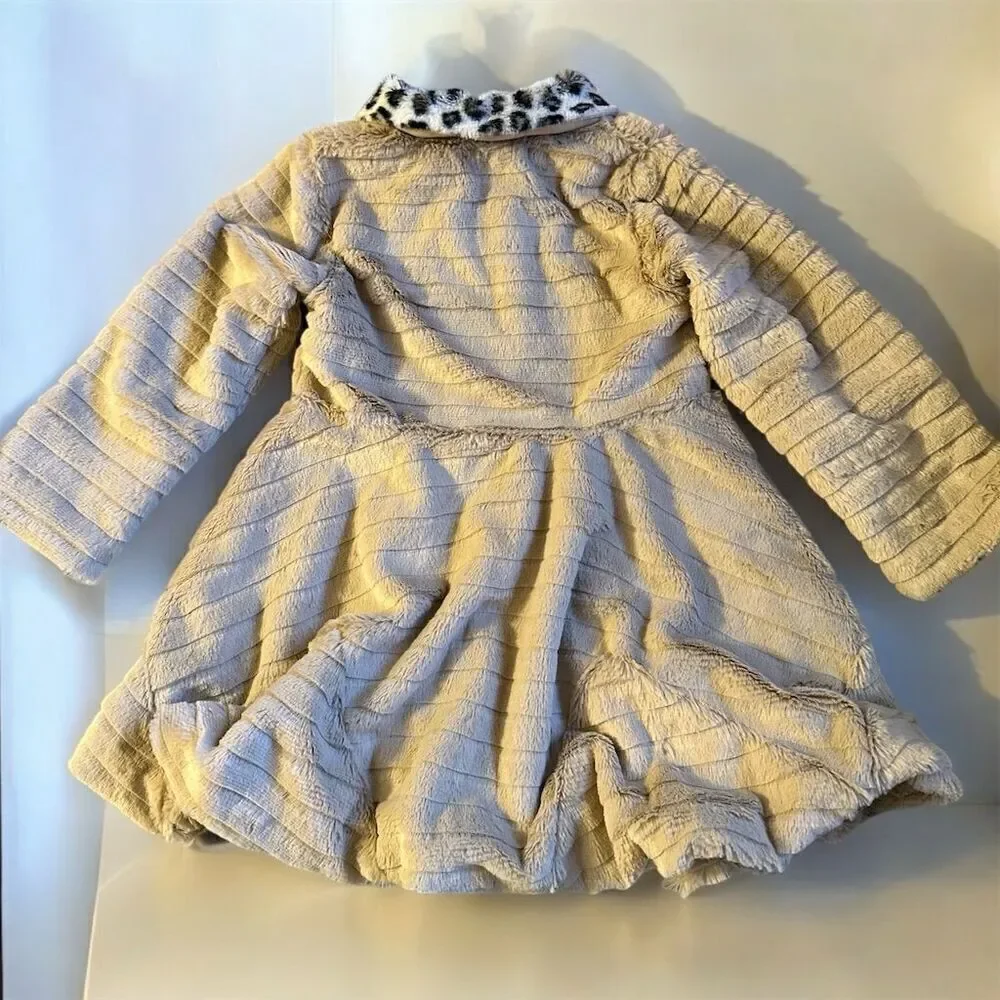 Little Lass Girls Toddler Leopard Collar Tan Faux Fur Soft Button Down Coat